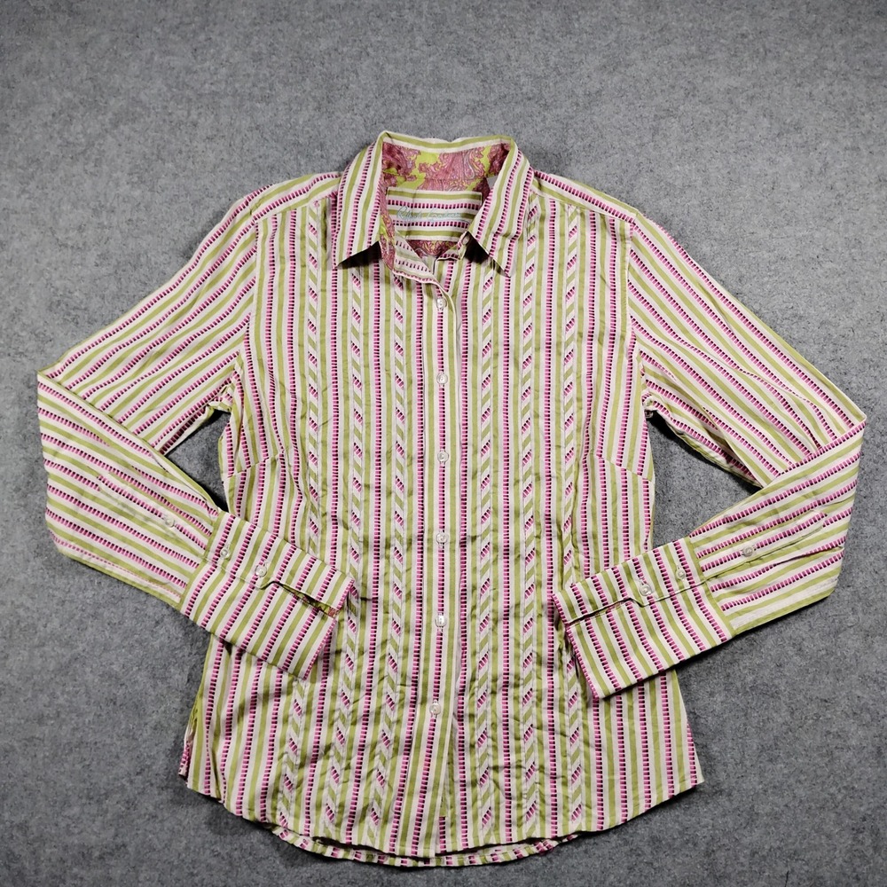 Robert Graham Striped Button Down Shirt Women 6 Green Pink Cotton Flip Cuff Top